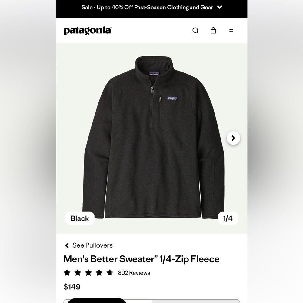 Patagonia Men's Black Zip-Up Sweater